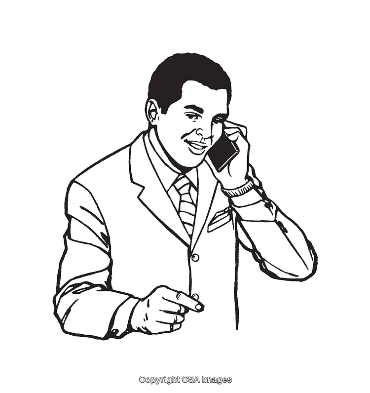 Businessman in Suit Communicating on Mobile Phone Pointing with a Smile