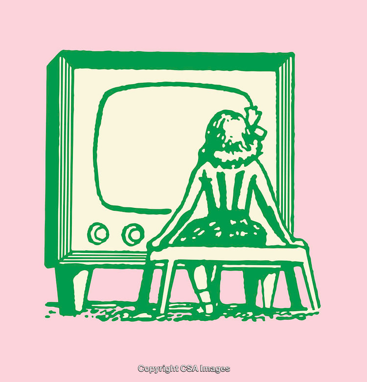 Retro Line Art of a Girl Sitting Near a Television