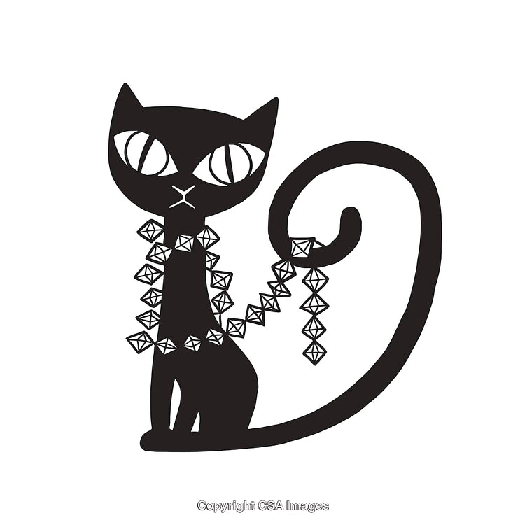Black Cat Illustration With Geometric Necklace in Minimalist Line Art Style