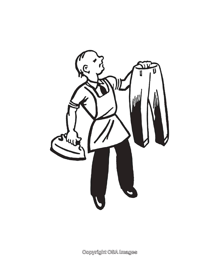 Vintage Line Art of a Worker Ironing Trousers with Precision