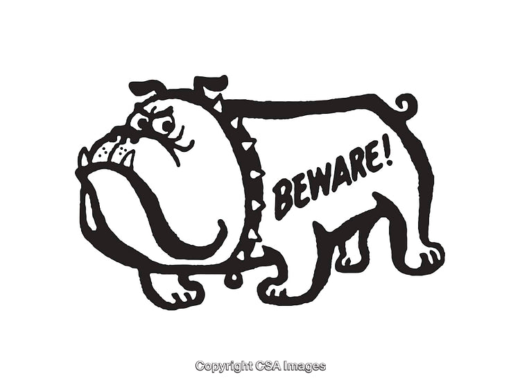 Black and White Drawing of a Bulldog With Warning Message