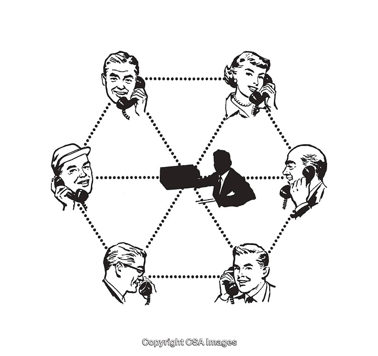 Retro Illustration of People Connected by Telephone Network Communication