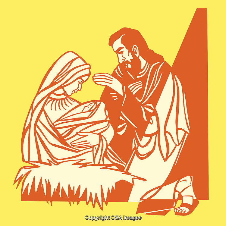 Color Line Art Depicting a Holy Scene with Family in Manger Setting