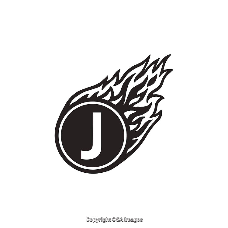 Monochrome Flaming Circle Emblem with Letter J Inside