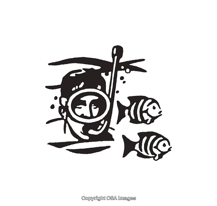 Black and White Line Art of Snorkeler and Fish in Underwater Scene