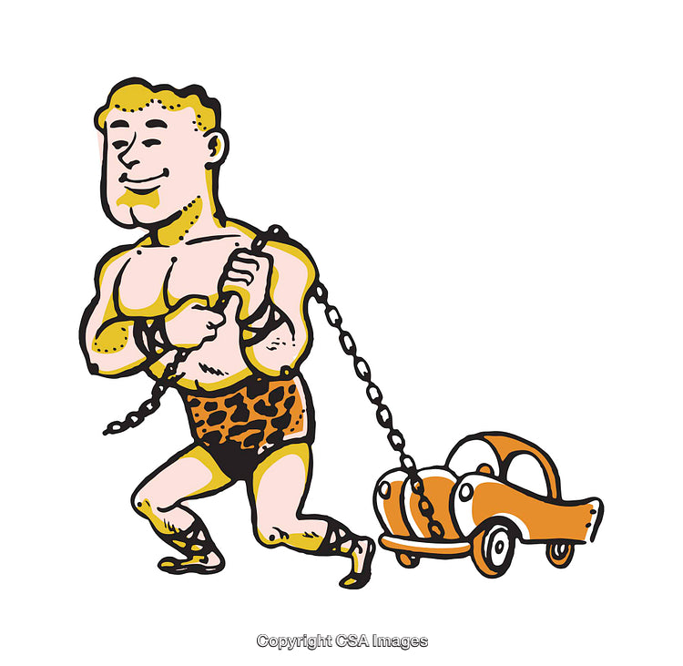 Cartoon Strongman Pulling a Toy Car in Colorful Illustration