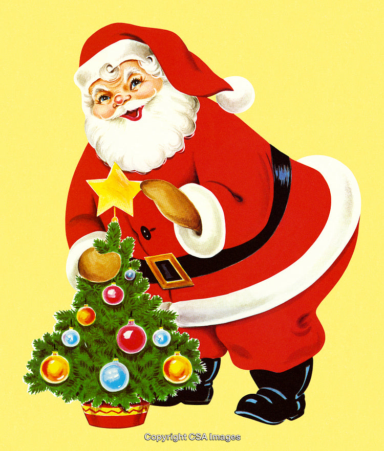 Santa Decorating Mini Christmas Tree with Ornaments on Yellow Background