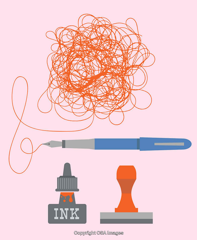 Illustration of Writing Tools with Tangle and Ink Bottle on Pink Background