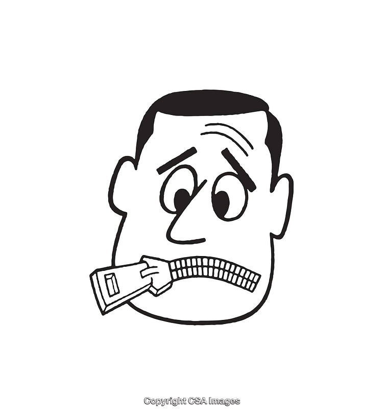 Black And White Line Art Illustration of a Zipped Mouth Cartoon