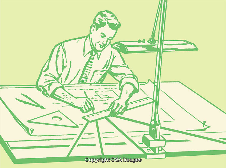 Architect Drawing Blueprints Using Tools on Drafting Table Illustration