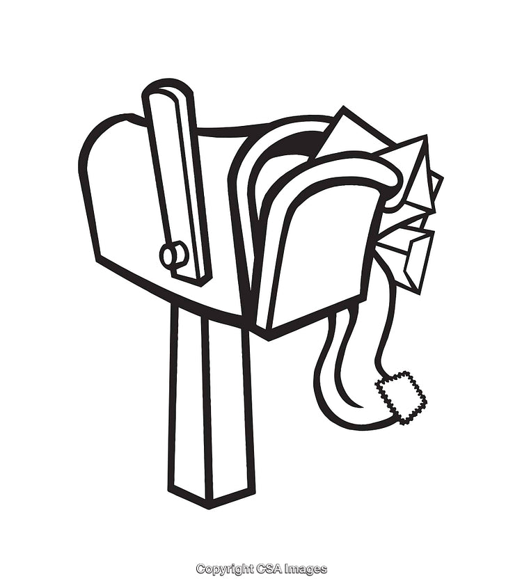 Black and White Line Drawing of Mailbox Filled with Letters