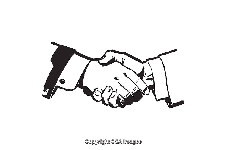 Black and White Line Art with Two Hands Shaking in Agreement