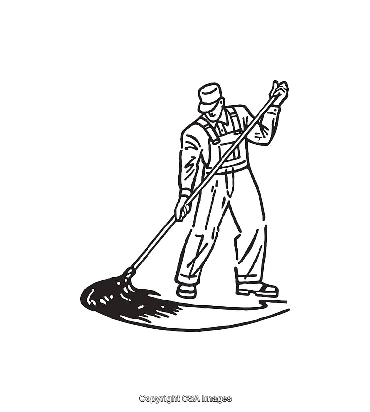 Worker Using a Rake in Black and White Line Art Illustration