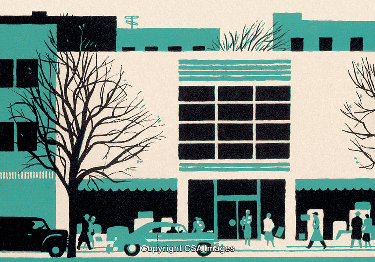 Midcentury Urban Scene with Vintage Cars and Pedestrians in Retro Illustration Style