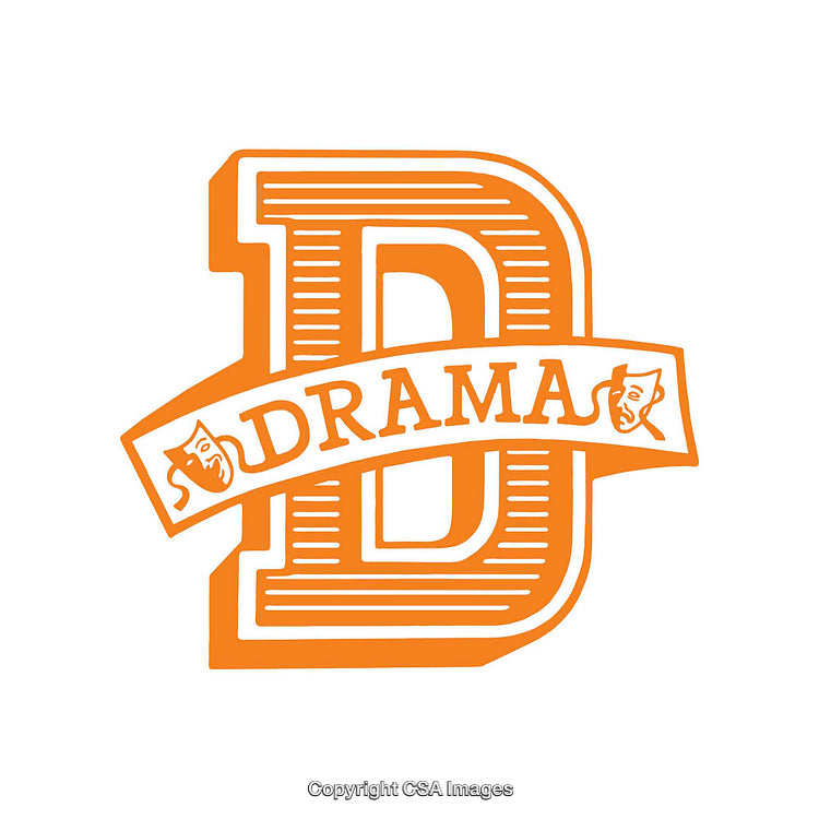 Bold Orange Drama Logo Featuring Masks and Artistic Lettering Design