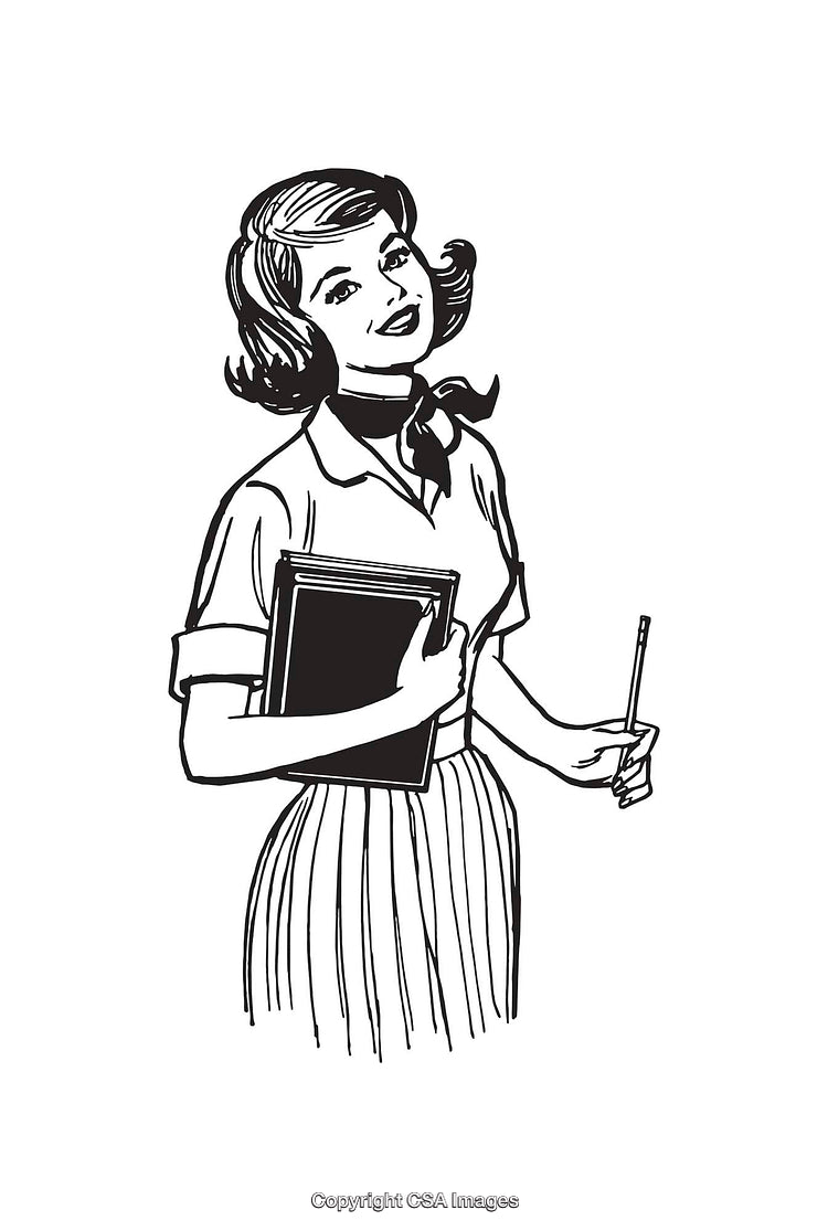 Vintage Line Art of a Woman Holding Books and Pencil