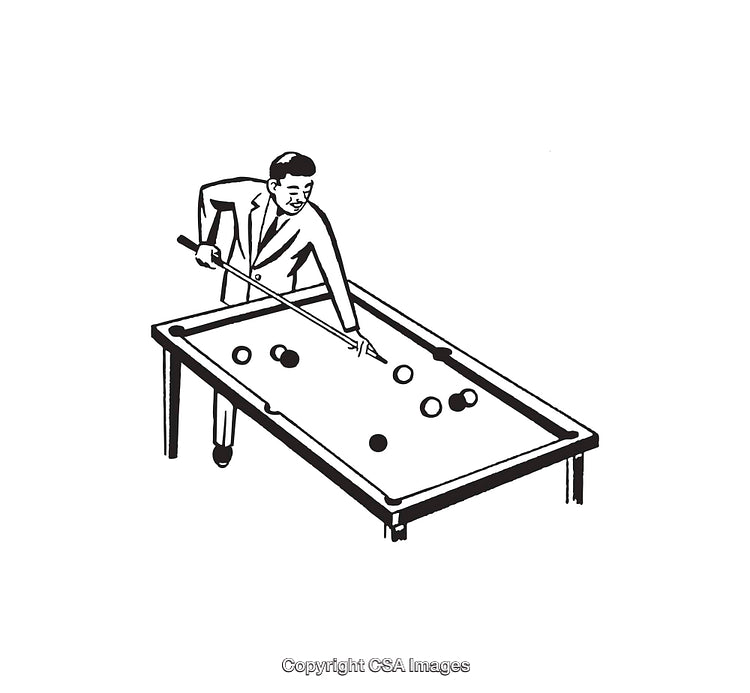 Vintage Illustration of Man Playing Billiards in Black and White Line Art