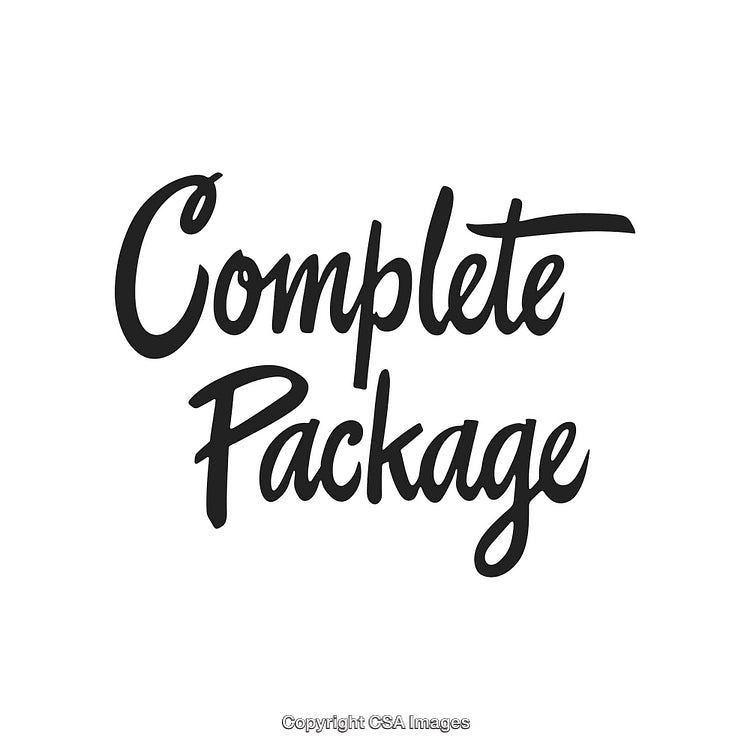 Complete Package Phrase in Modern Black Script on White Background