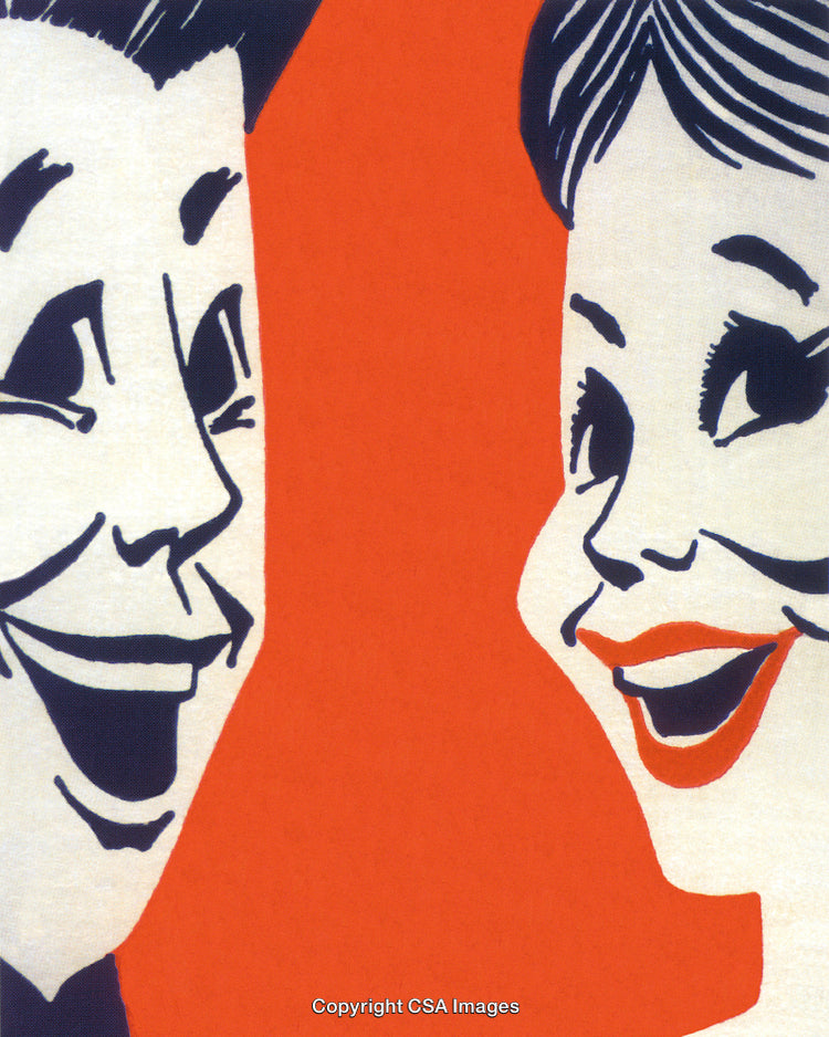 Retro Styled Illustration of Smiling Faces on Vibrant Orange Background