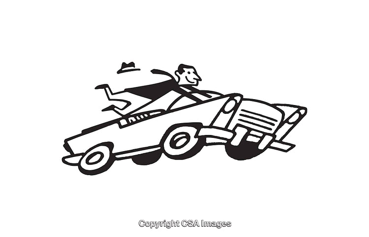 Black and White Illustration of a Car in Motion with Passenger