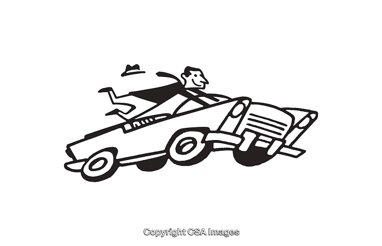 Black and White Illustration of a Car in Motion with Passenger