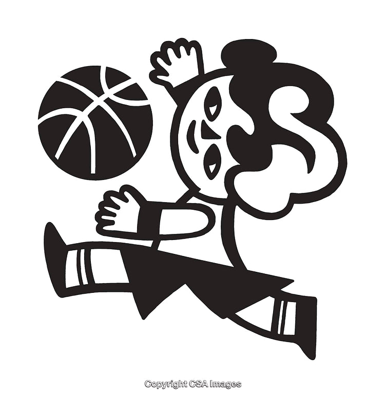 Black and White Illustration of a Kid Playing Basketball