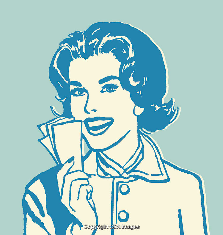 Retro Style Illustration of Smiling Woman Holding a Card in Blue Tones