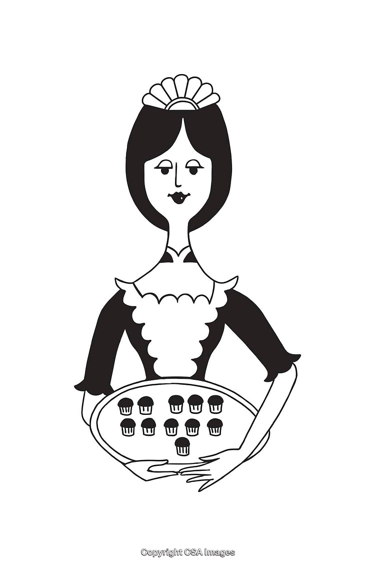 Black and White Illustration of a Woman Holding a Tray of Cupcakes
