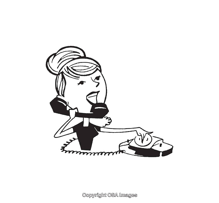 Retro Black and White Line Art Woman Using Telephone