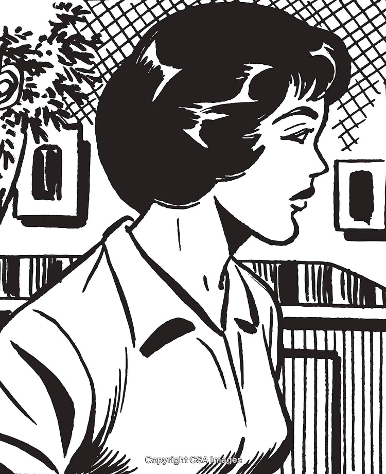 Black and White Vintage Style Illustration of a Woman in Profile View