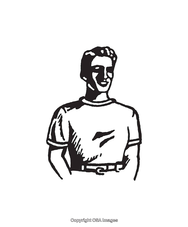 Black and White Line Art of a Smiling Man in Casual Clothes