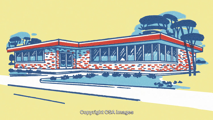 Illustration of a Modern Building Exterior with Trees and Minimal Design