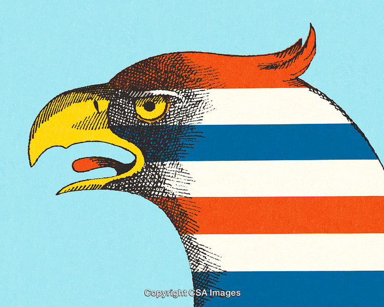 Illustration of Eagle Silhouette Overlaid with Colorful Horizontal Stripes