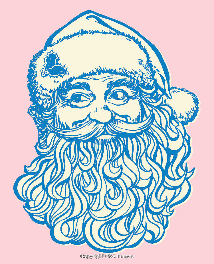 Vintage Blue Line Art Illustration of Santa Claus on Pink Background