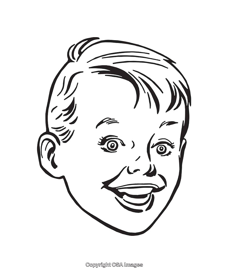 Retro Black and White Line Art of a Smiling Child's Face