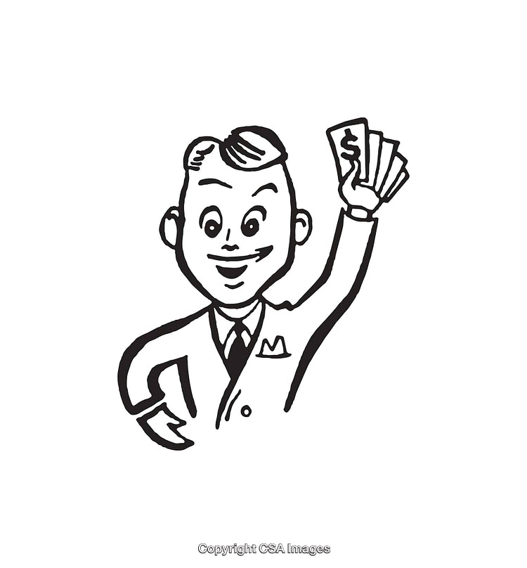 Vintage Businessman Illustration Holding Money in a Cheerful Pose