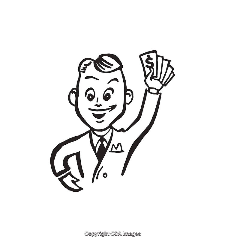 Vintage Businessman Illustration Holding Money in a Cheerful Pose