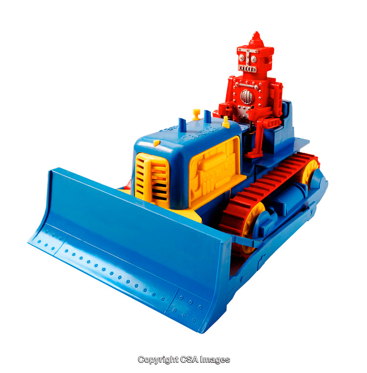 Colorful Robot Figurine Driving a Blue Plastic Toy Bulldozer