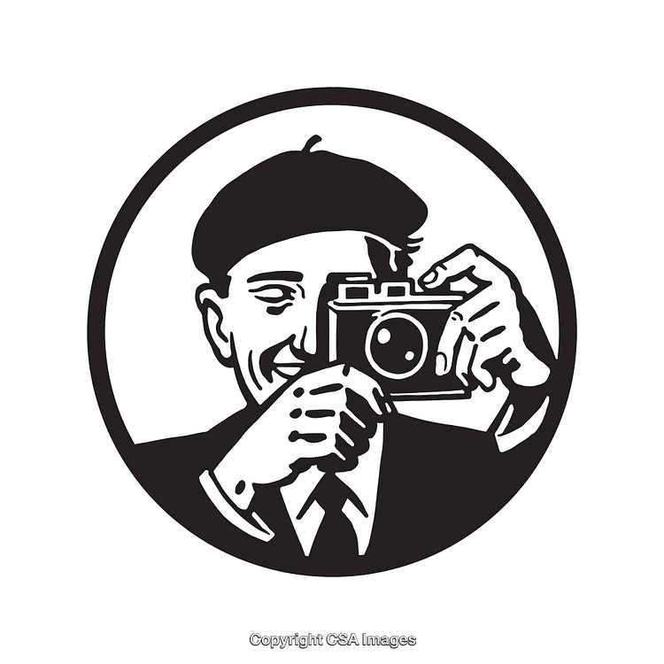 Black and White Line Art of a Photographer With Camera Illustration