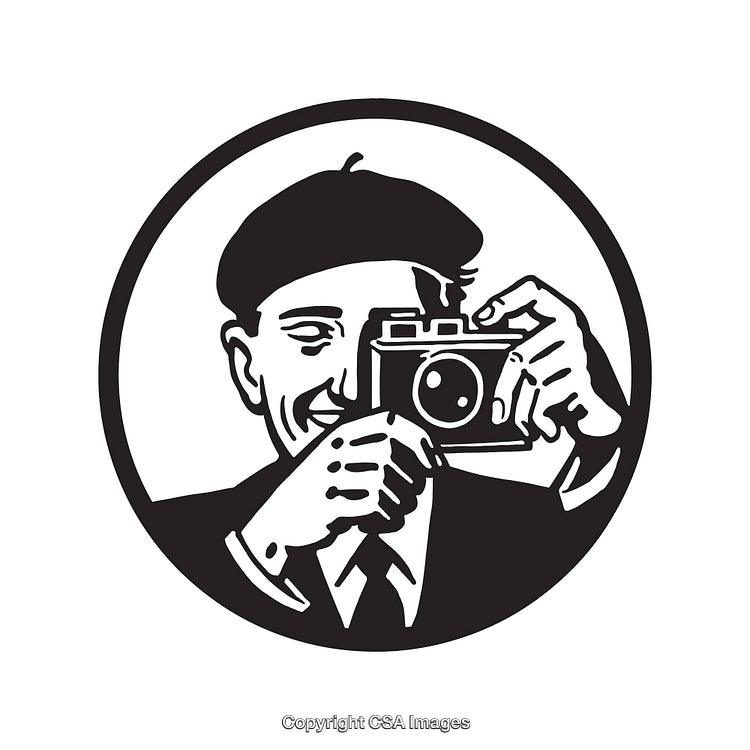 Black and White Line Art of a Photographer With Camera Illustration