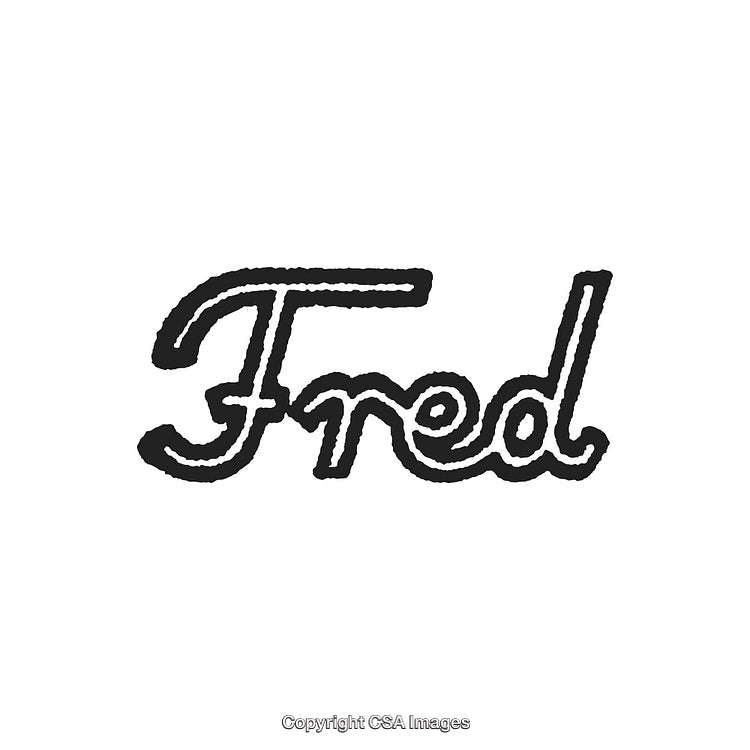 Cursive Handwritten Text of 'Fred' in Black Ink on White Background
