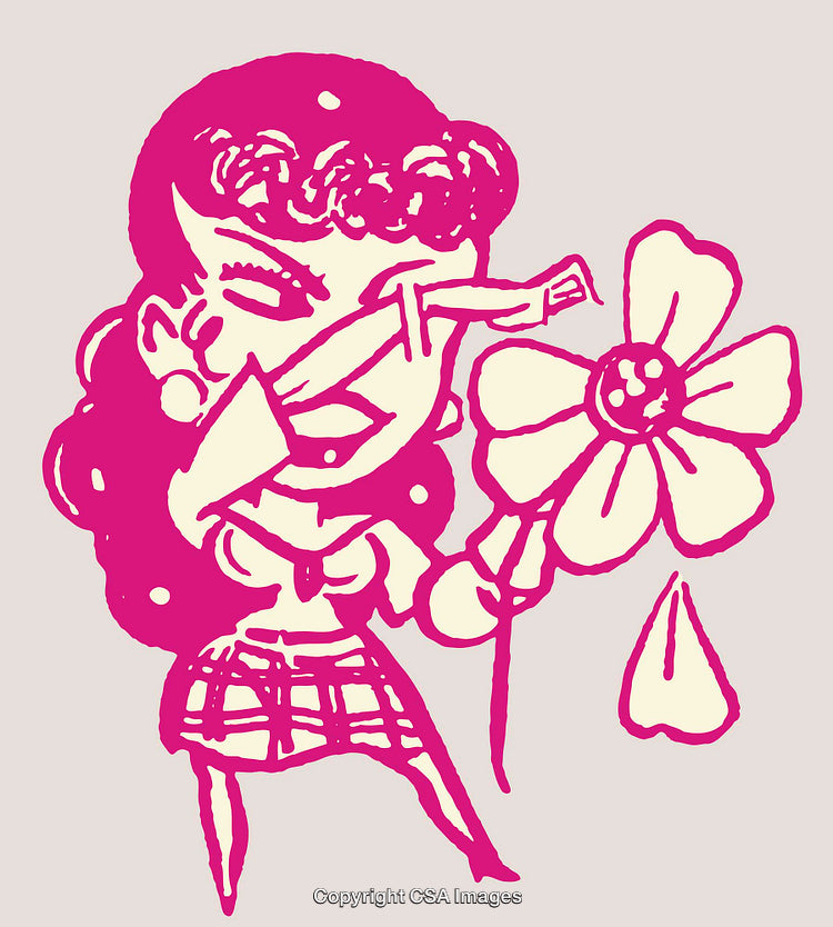Quirky Pink Line Art Illustration of a Girl with a Flower
