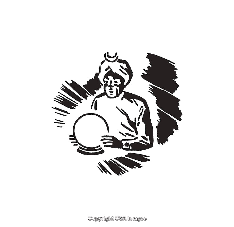 Black and White Line Illustration of a Mystic with Crystal Ball