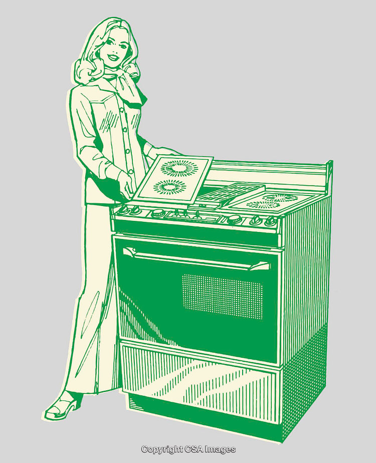 Retro Style Illustration of a Woman Using a Vintage Kitchen Oven