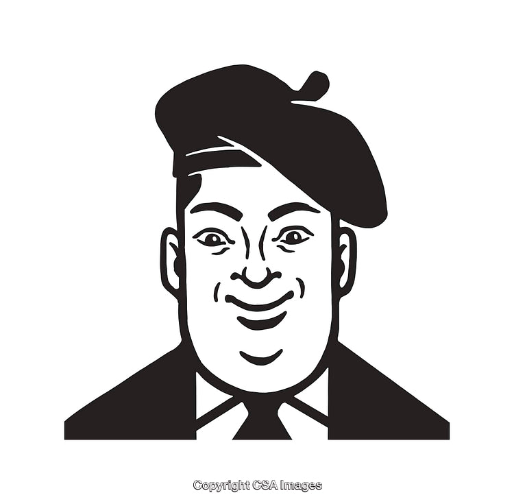 Black and White Line Art of Smiling Man Wearing Beret