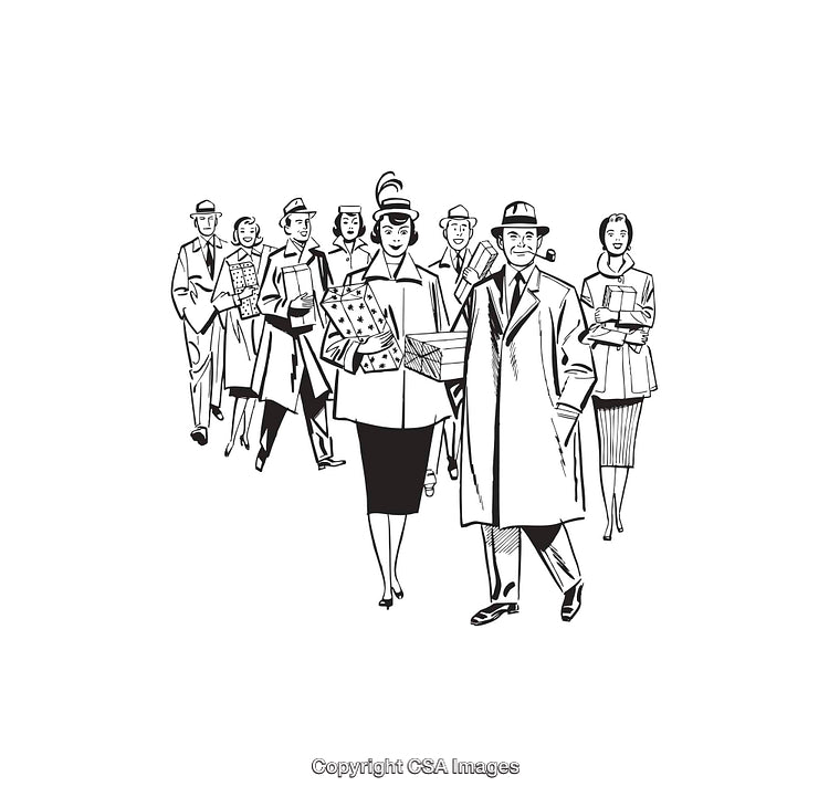 Black and White Line Art of a Group of People with Shopping Bags