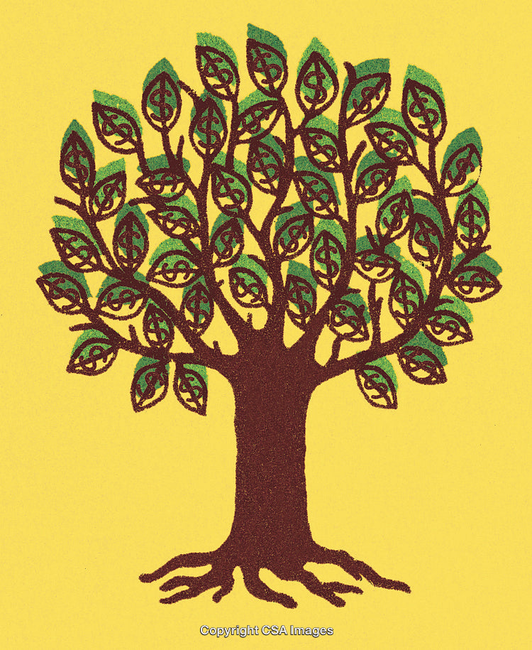 Illustrated Tree Growing Dollar-Shaped Leaves on a Vibrant Yellow Background