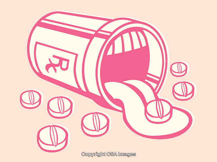 Stylized Illustration of Pills and Medicine Bottle in Vibrant Colors