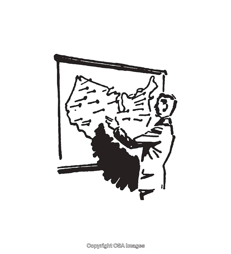 Black and White Illustration of a Man Presenting a Map on a Board