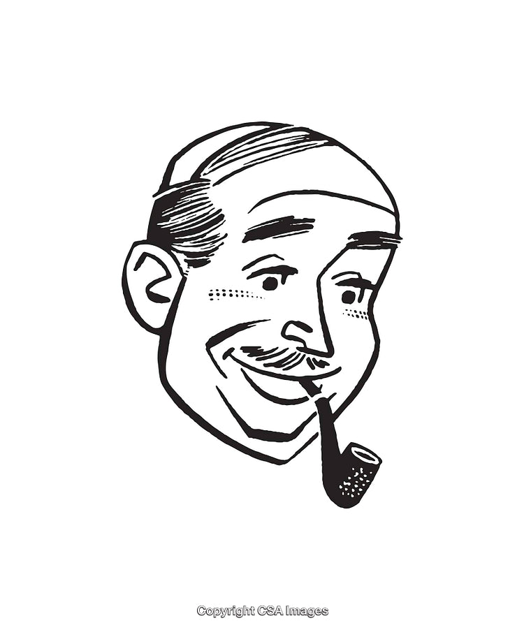 Retro Black and White Illustration of Smiling Man with Pipe